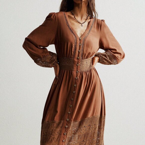 Boho Beauty Brown Casual Women's V Neck Lace Trimmed Maxi Dress - Picture 10 of 10